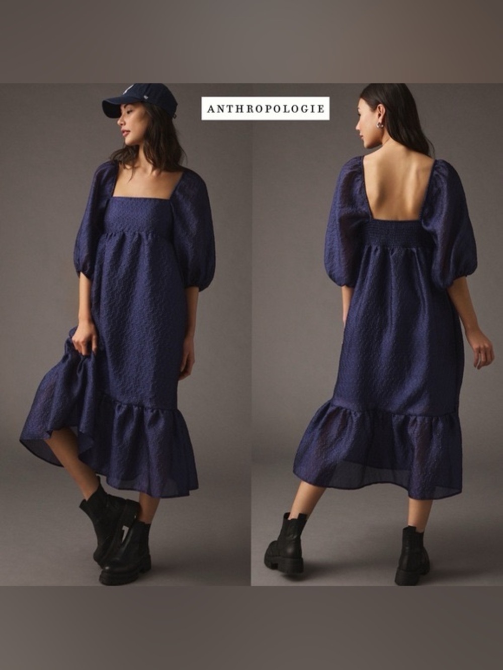 Anthropologie Navy Textured Square-Neck Midi Dress with Puff Sleeves